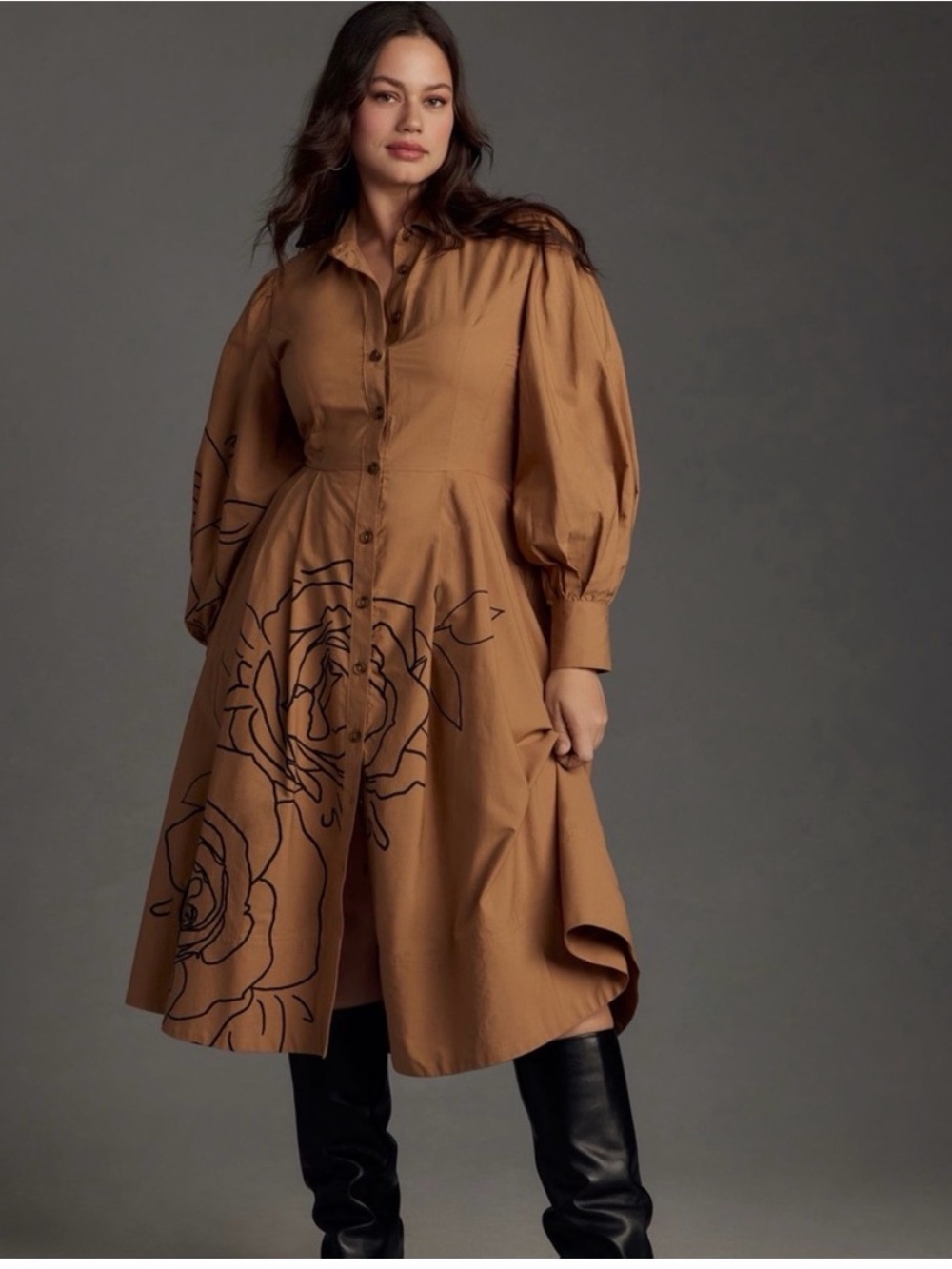 Anthropologie Printed Poplin Shirtdress 18W Tan Floral Line Art Midi Dress